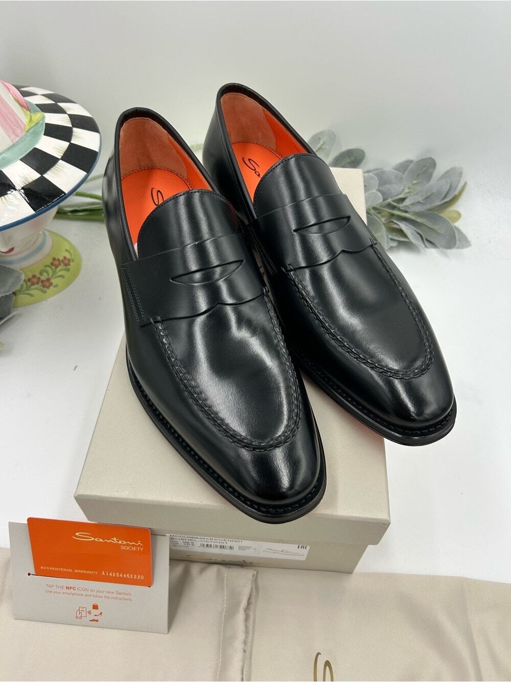 Men's Santoni Black Leather Penny Loafers size 10.5 US made in Italy